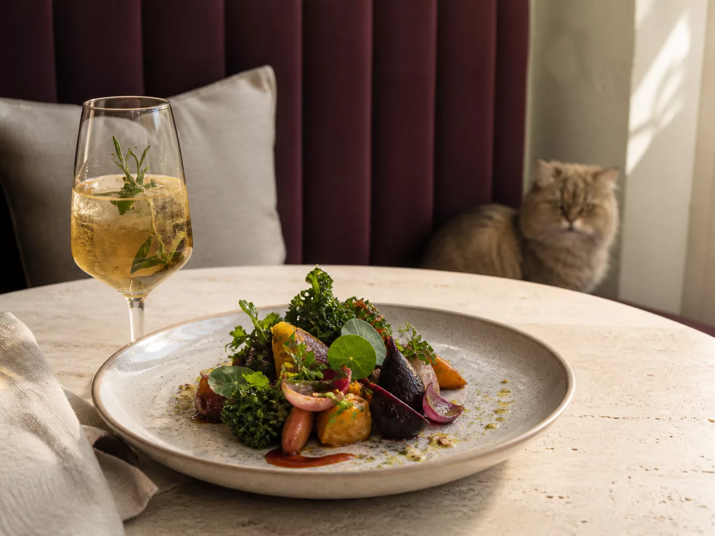 Seasonal vegetable dish and botanical drink